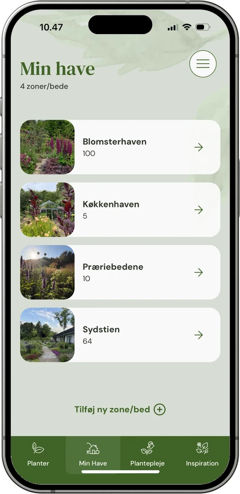 Brugerens egne zoner og bede i MinHave-appen
