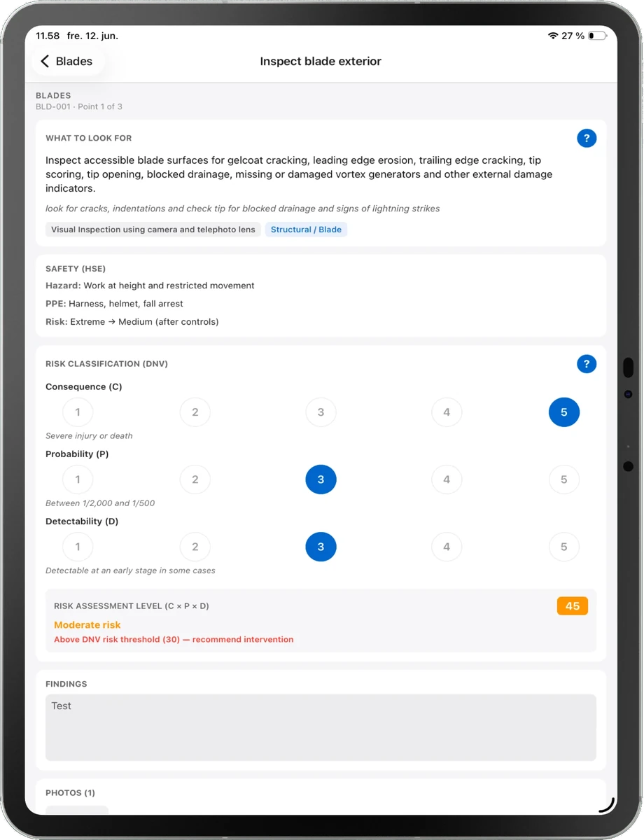 Risikovurdering af et inspektionspunkt i Wind Estates inspektionsapp på iPad
