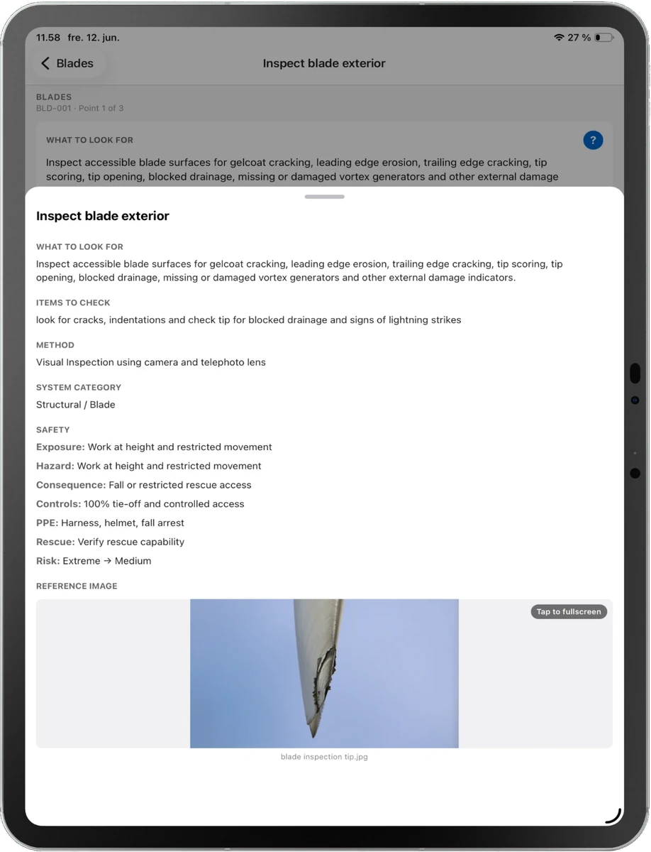 Vejledning og referencebillede til et inspektionspunkt i Wind Estates inspektionsapp på iPad