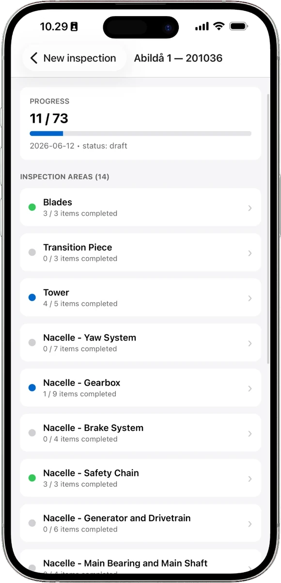 Oversigt over inspektionsområder og fremdrift i Wind Estates inspektionsapp på iPhone